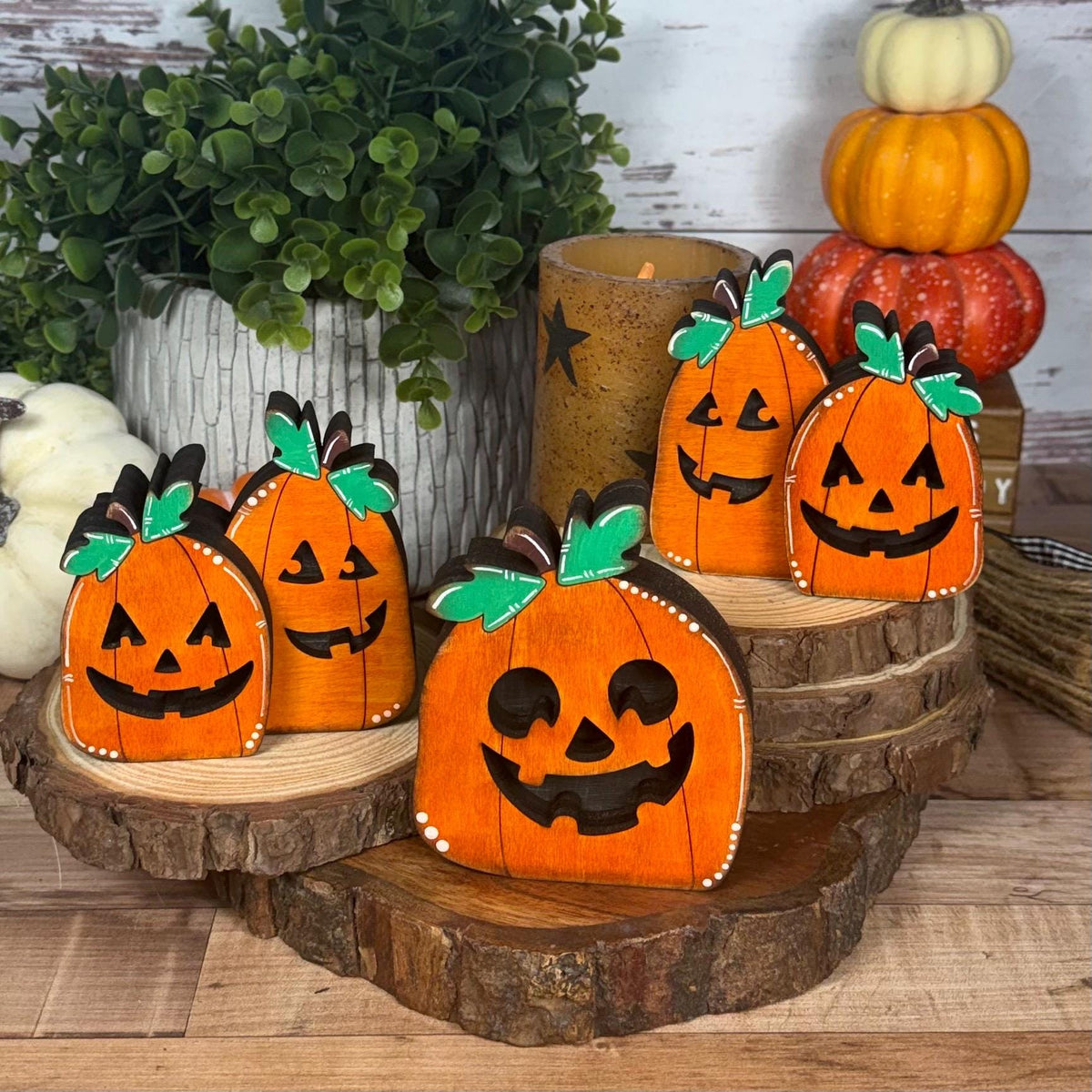 Jack-o’-Lantern Shelf Sitters, Wooden Halloween Pumpkin Decor
