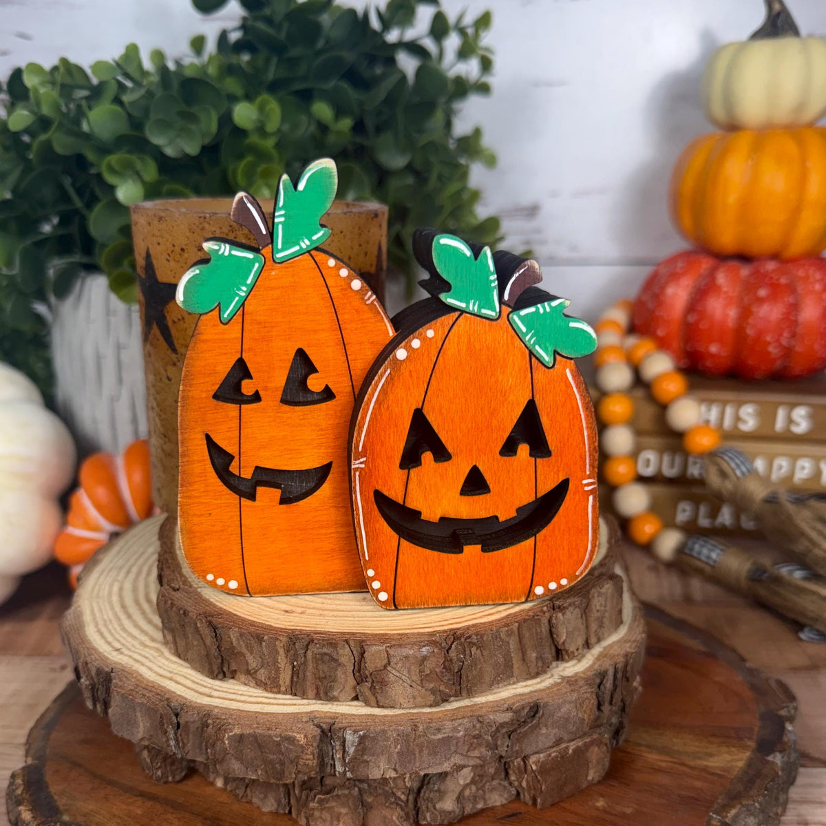Jack-o’-Lantern Shelf Sitters, Wooden Halloween Pumpkin Decor