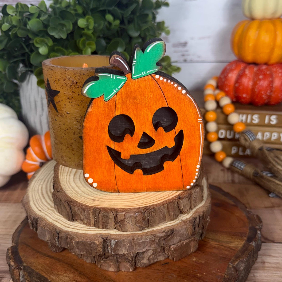Jack-o’-Lantern Shelf Sitters, Wooden Halloween Pumpkin Decor