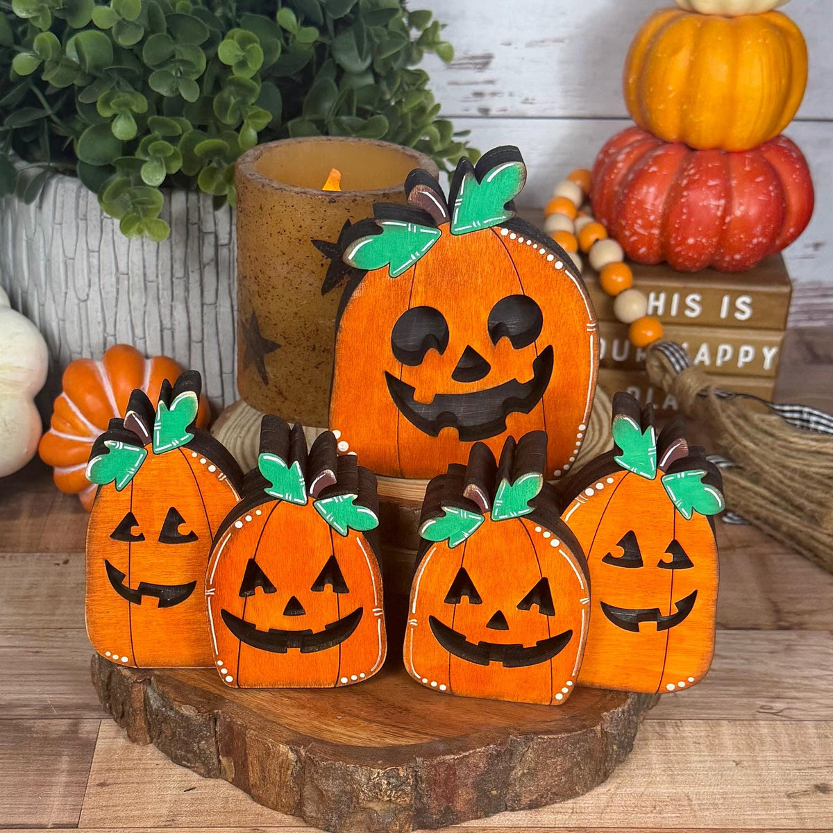 Jack-o’-Lantern Shelf Sitters, Wooden Halloween Pumpkin Decor