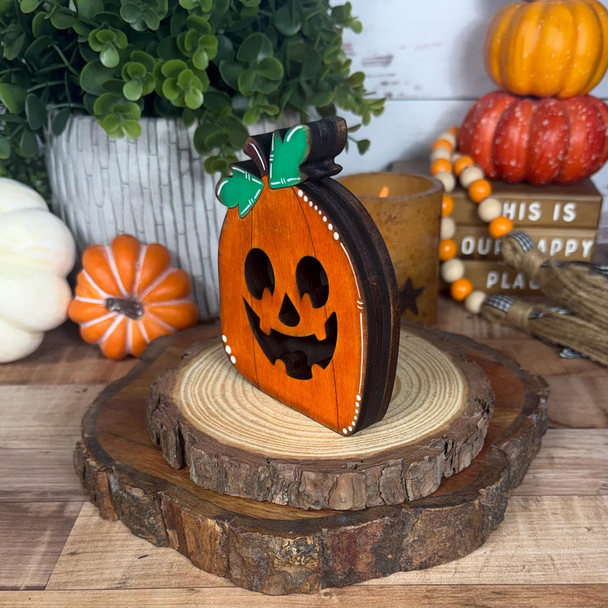 Jack-o’-Lantern Shelf Sitters, Wooden Halloween Pumpkin Decor