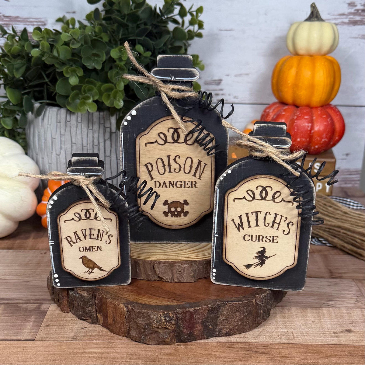 Poison Bottle Decor, Witch Curse Halloween Apothecary Set, Raven's Omen