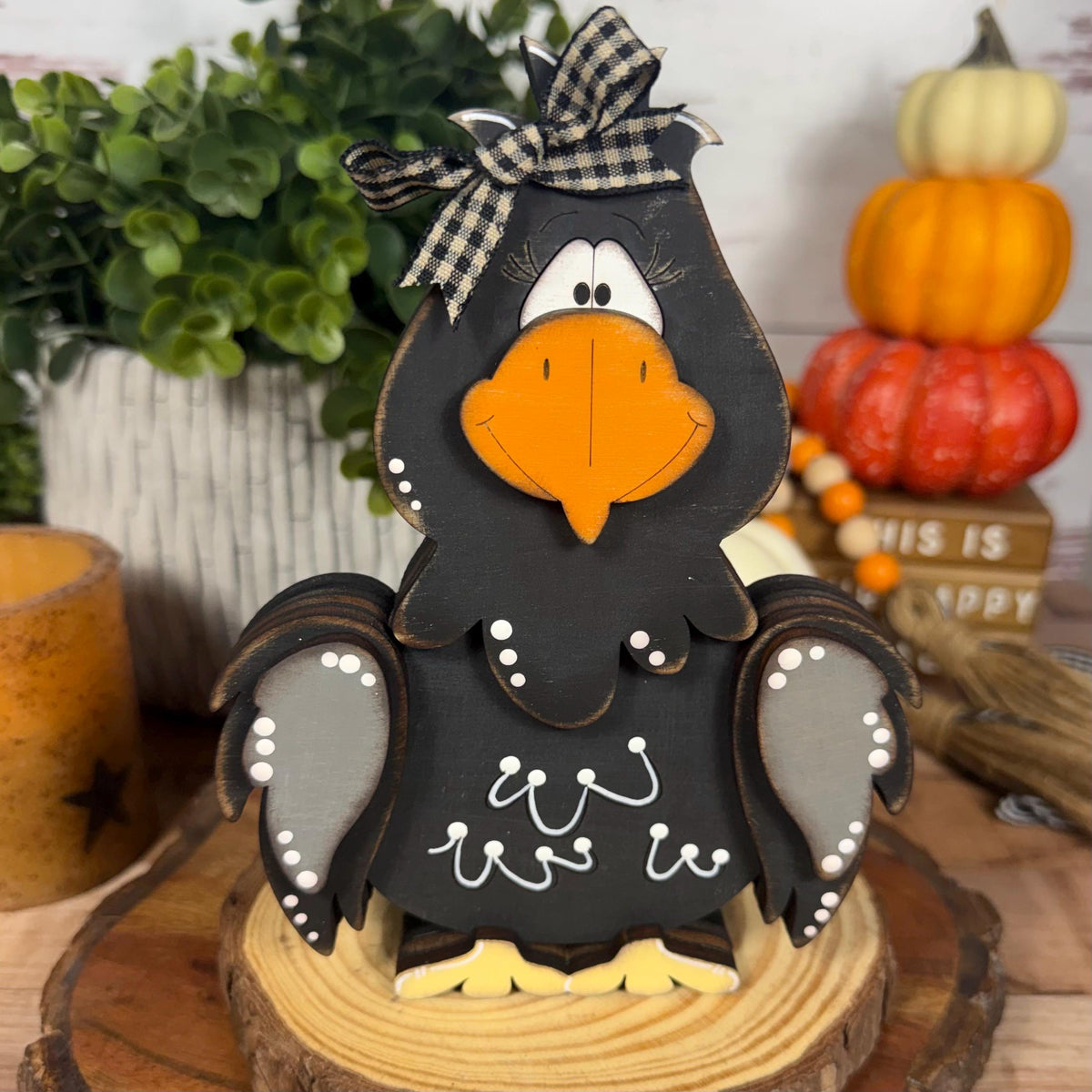 Hand Painted Raven Shelf Sitter, Whimsical Wooden Crow Bird Decor