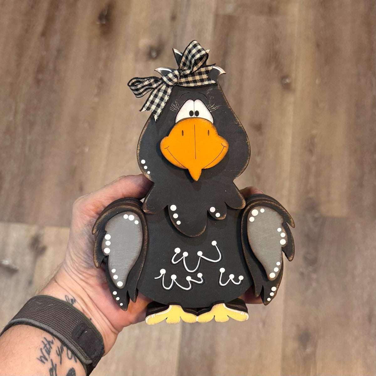 Hand Painted Raven Shelf Sitter, Whimsical Wooden Crow Bird Decor