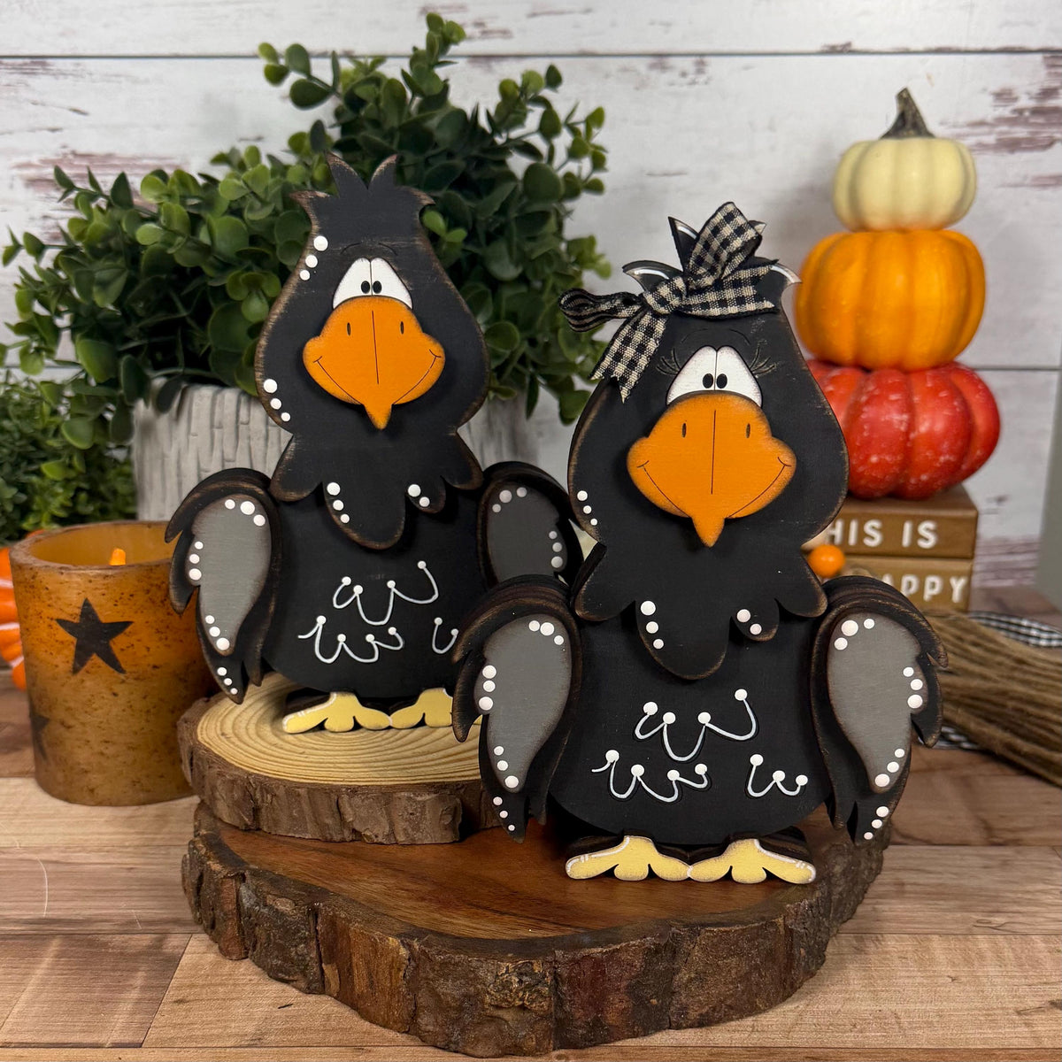 Hand Painted Raven Shelf Sitter, Whimsical Wooden Crow Bird Decor