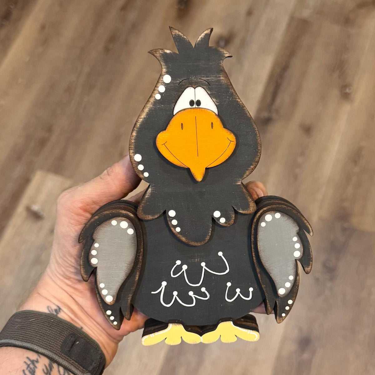 Hand Painted Raven Shelf Sitter, Whimsical Wooden Crow Bird Decor