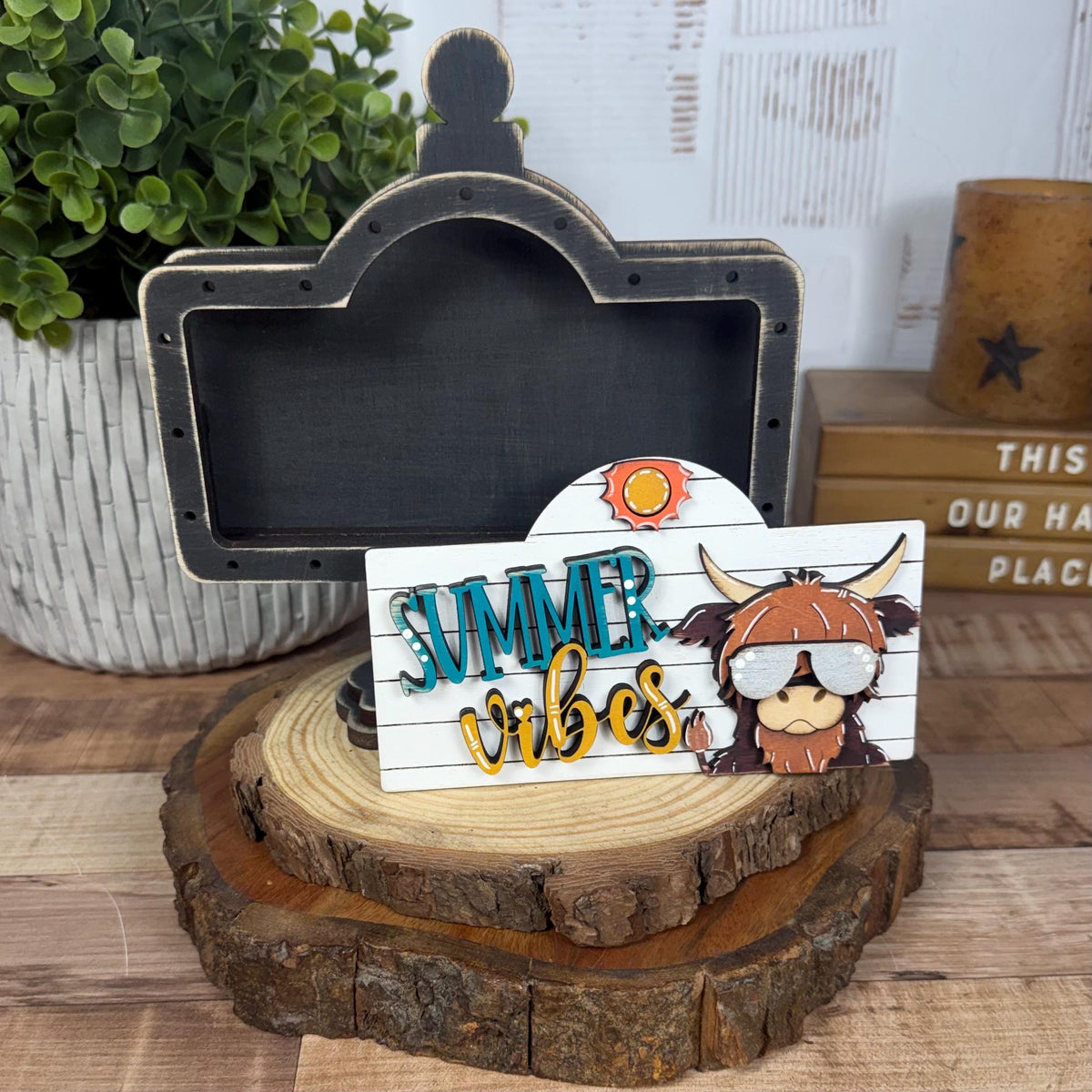 Summer Vibes Highland Cow Interchangeable Wooden Mini Sign