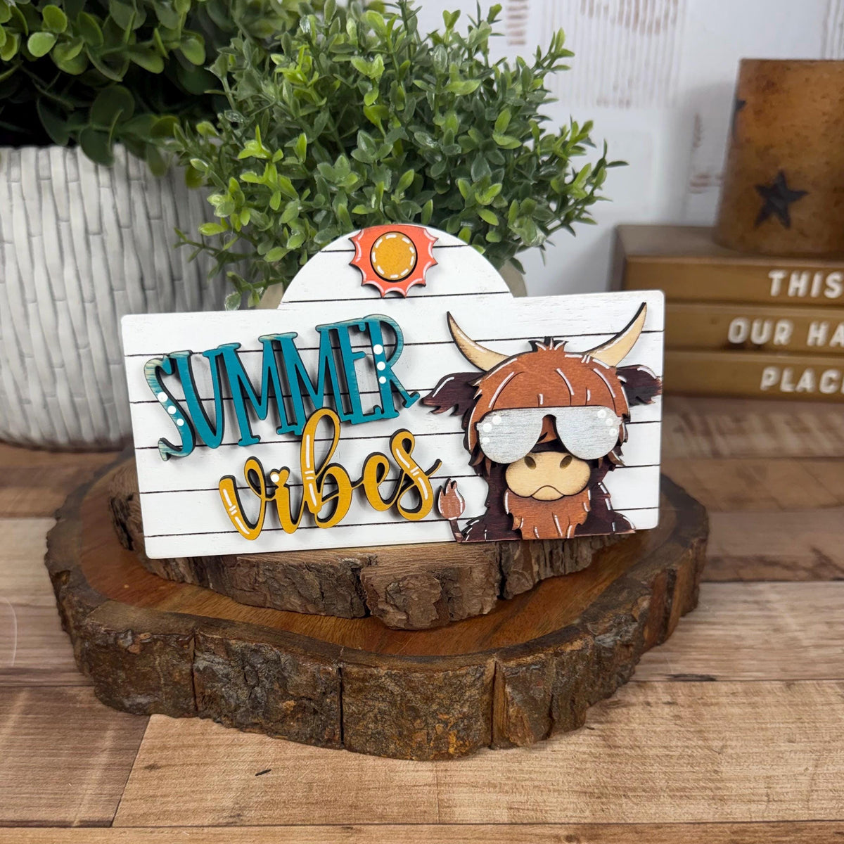 Summer Vibes Highland Cow Interchangeable Wooden Mini Sign