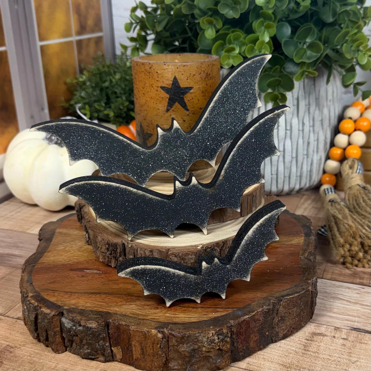 Tiered Tray Bats — Rustic Wood Halloween Shelf Décor, Farmhouse Halloween Accent