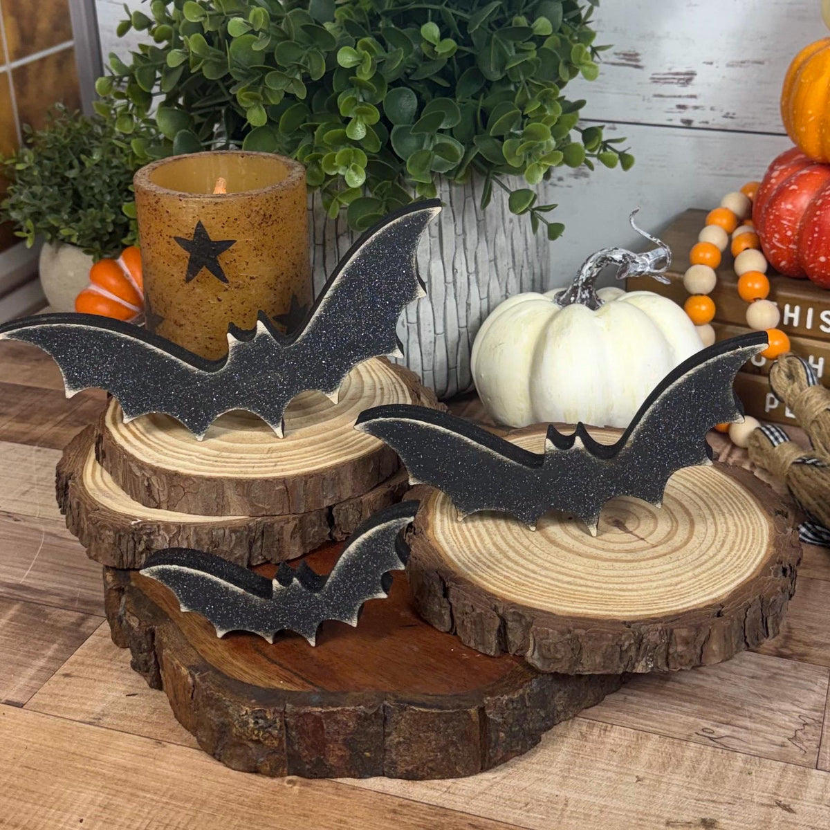 Tiered Tray Bats — Rustic Wood Halloween Shelf Décor, Farmhouse Halloween Accent