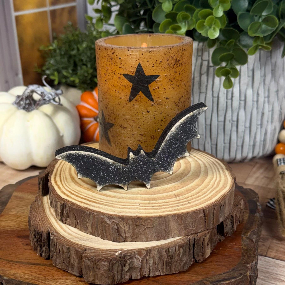Tiered Tray Bats — Rustic Wood Halloween Shelf Décor, Farmhouse Halloween Accent