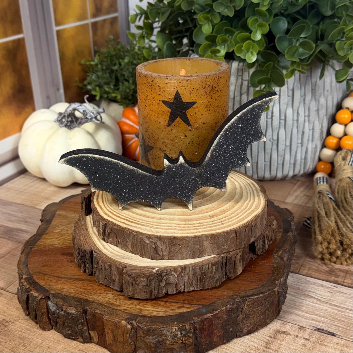 Tiered Tray Bats — Rustic Wood Halloween Shelf Décor, Farmhouse Halloween Accent