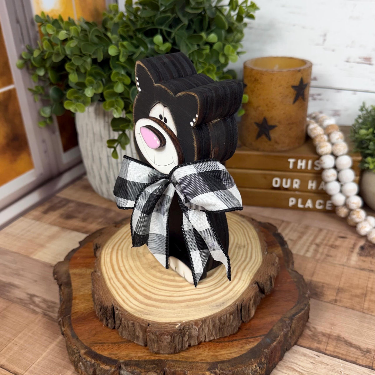 Black & White Wooden Cat – Hand-Painted Shelf Sitter or Decor