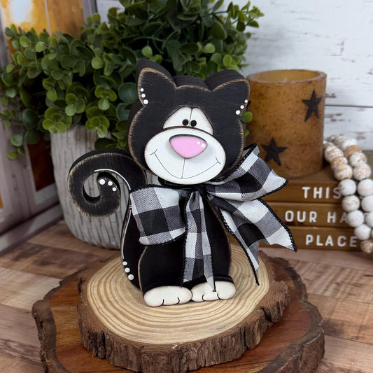 Black & White Wooden Cat – Hand-Painted Shelf Sitter or Decor