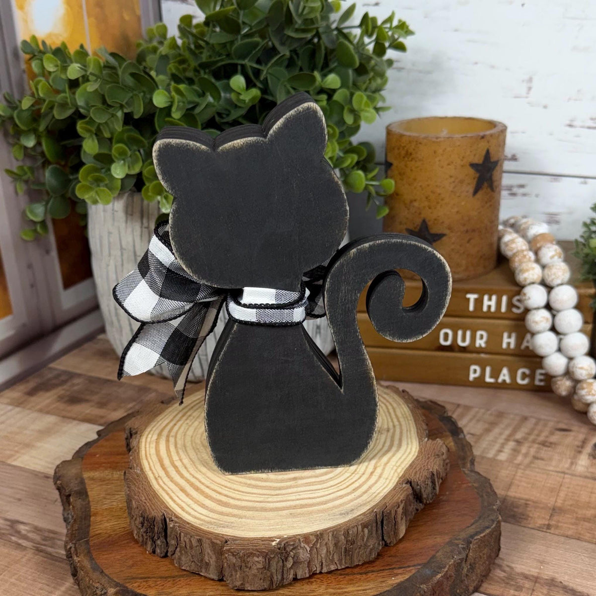 Black & White Wooden Cat – Hand-Painted Shelf Sitter or Decor