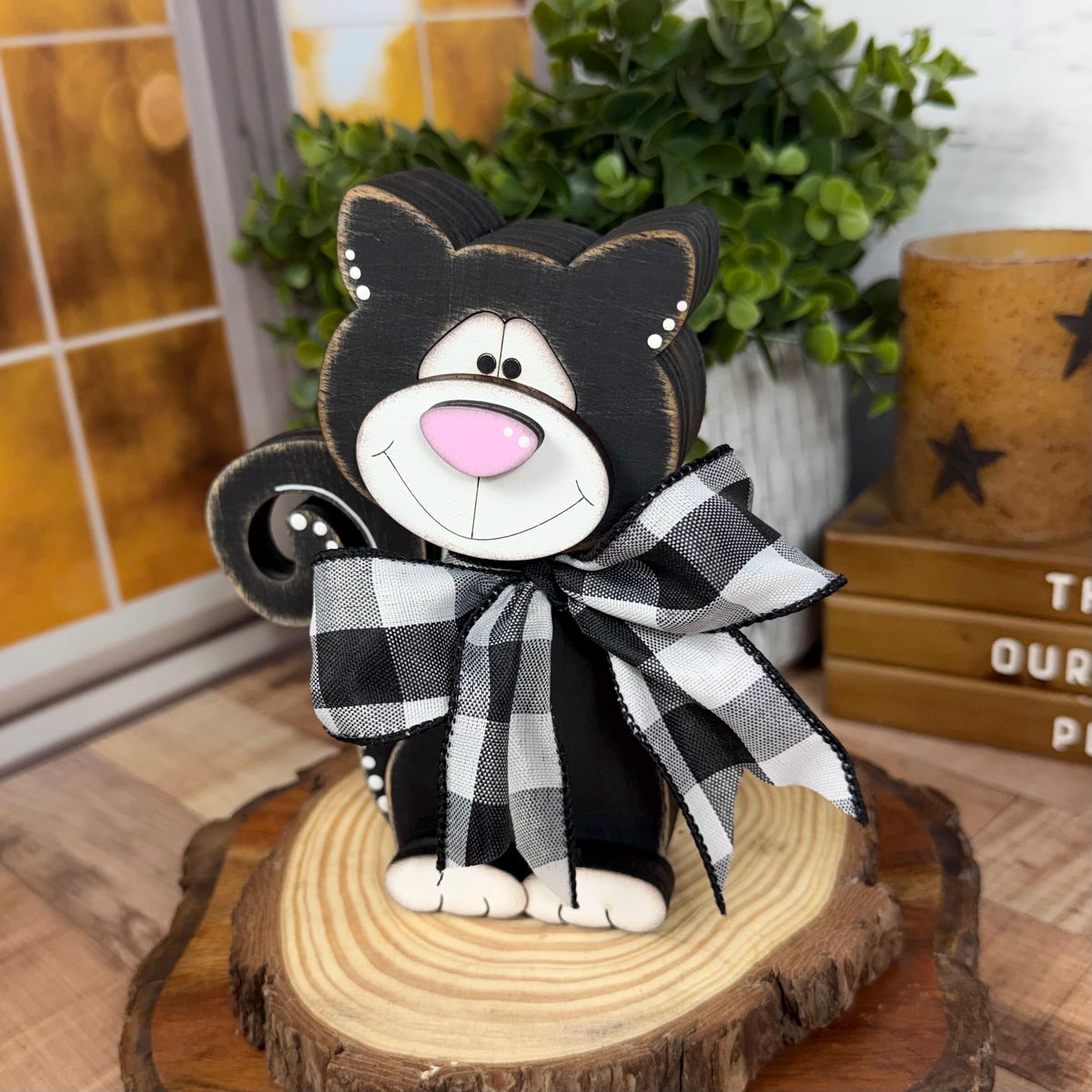 Black & White Wooden Cat – Hand-Painted Shelf Sitter or Decor