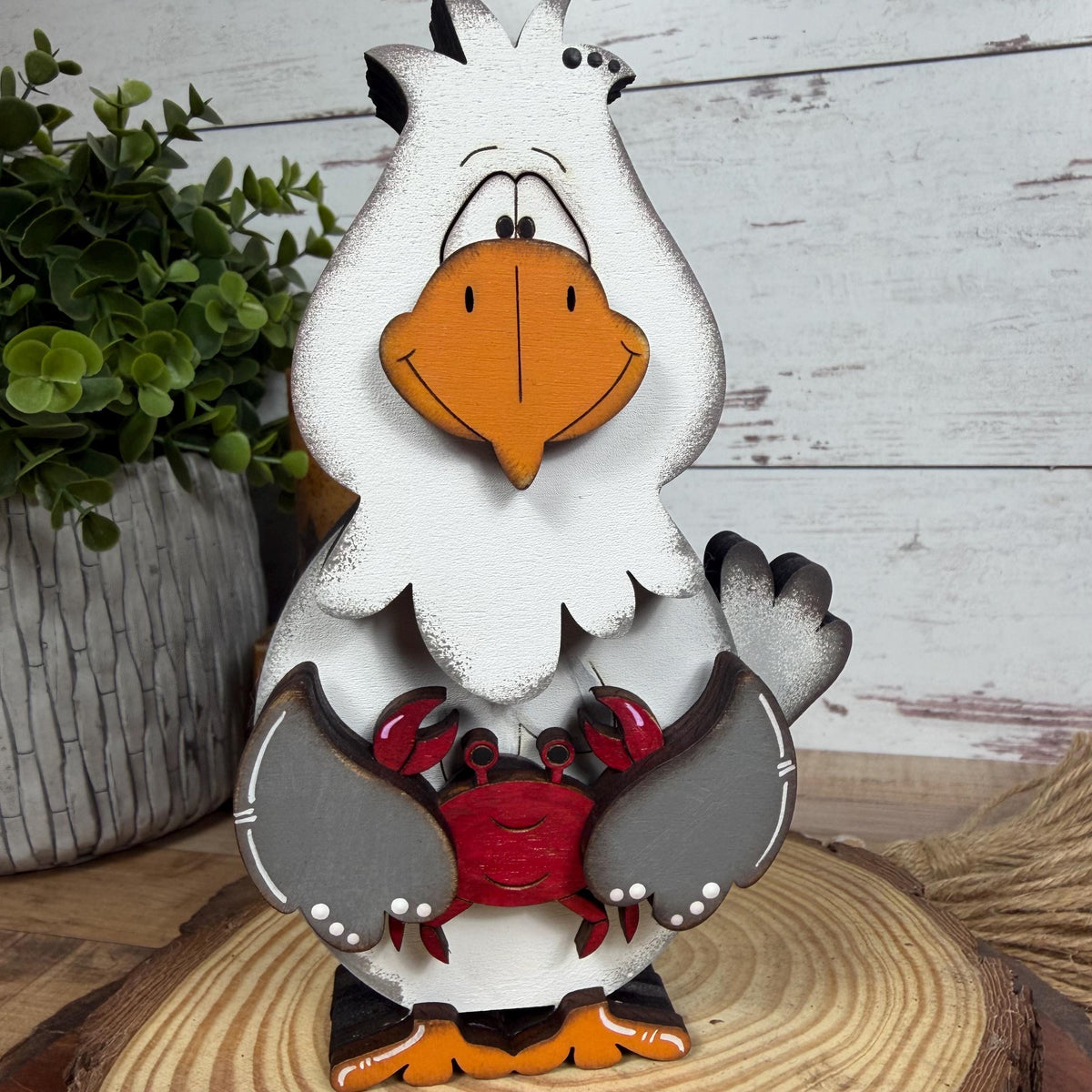 Interchangeable Seagull Shelf Sitter With Fish or Crab, Coastal Beach House Decor