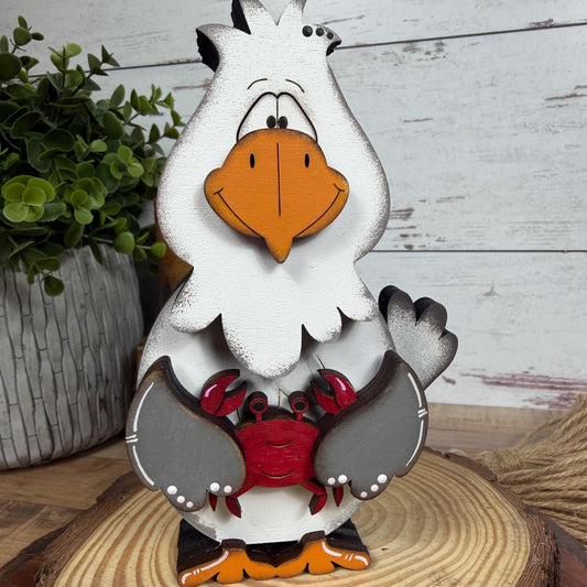 Interchangeable Seagull Shelf Sitter With Fish or Crab, Coastal Beach House Decor