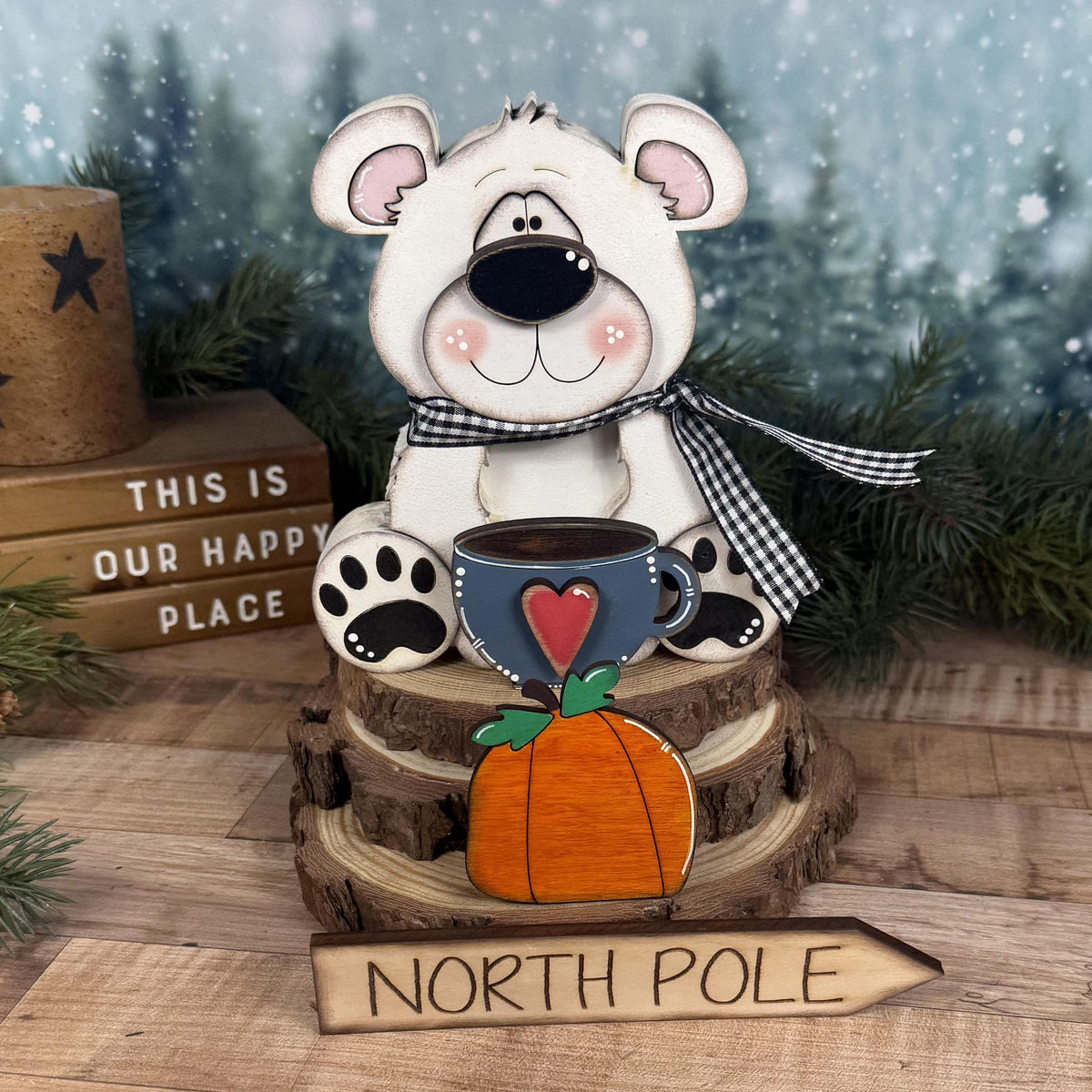 Interchangeable Polar Bear Shelf Sitter, Wooden Winter Bear, Magnetic Seasonal Decor, Christmas Bear