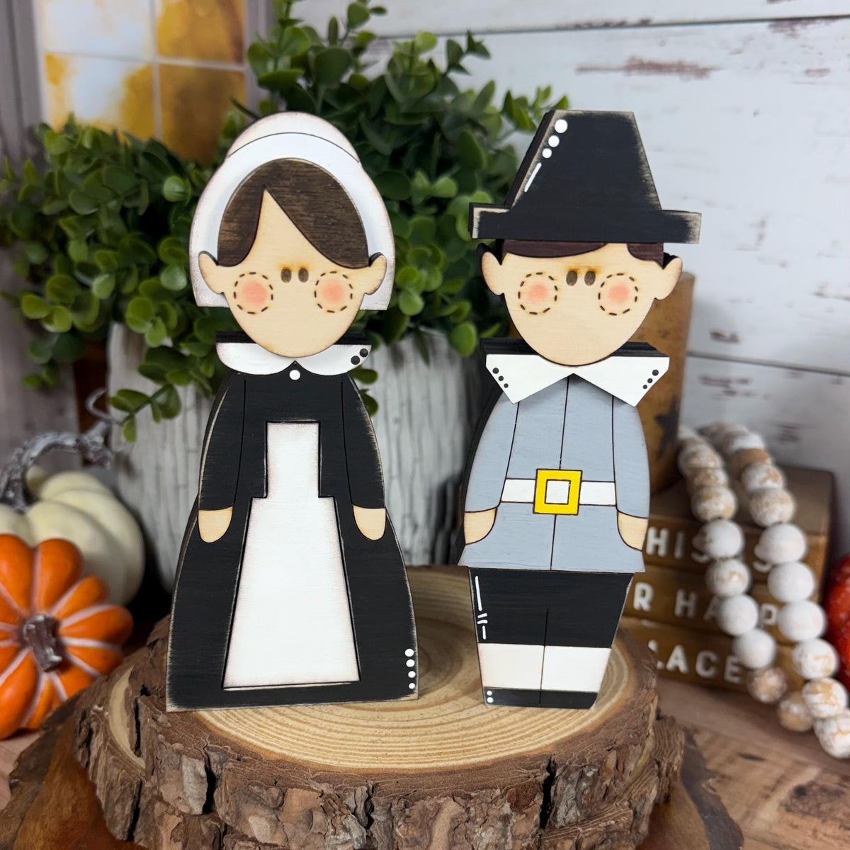 Rustic Thanksgiving Decor, Pilgrim Shelf Sitters, Turkey and Pumpkin