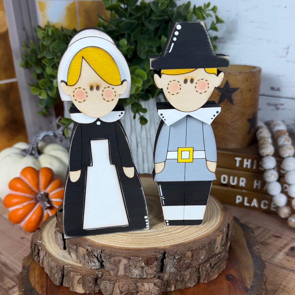 Rustic Thanksgiving Decor, Pilgrim Shelf Sitters, Turkey and Pumpkin
