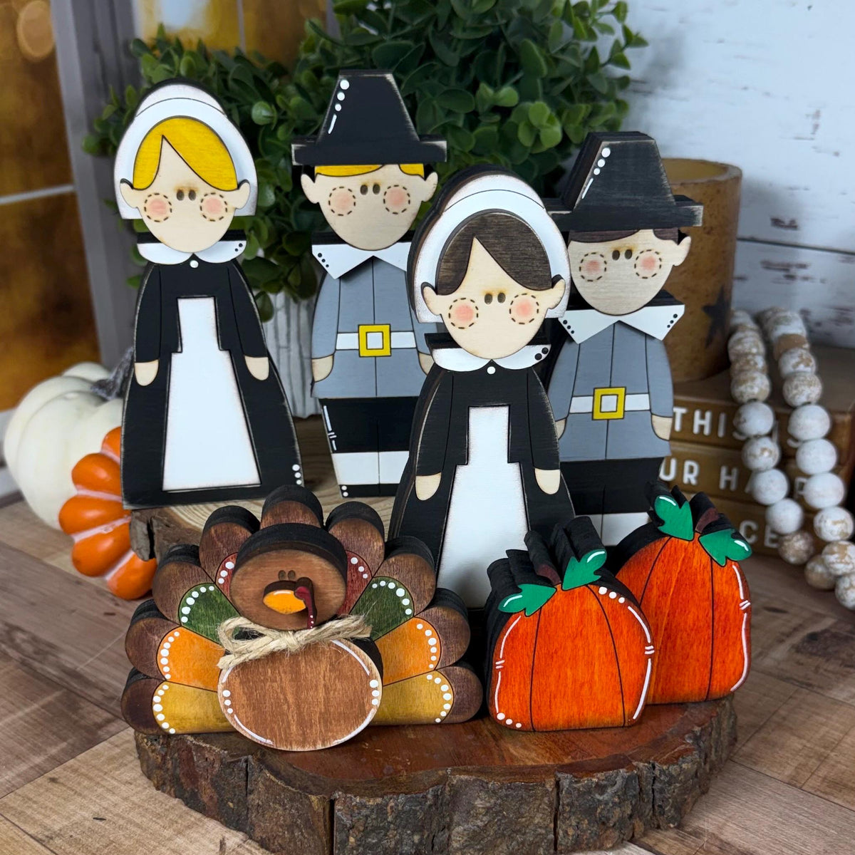 Rustic Thanksgiving Decor, Pilgrim Shelf Sitters, Turkey and Pumpkin