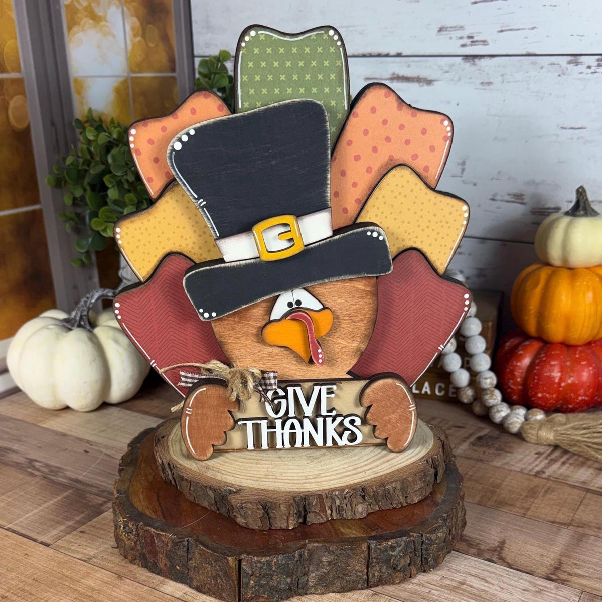 Handmade Wooden Thanksgiving Turkey With Give Thanks Sign