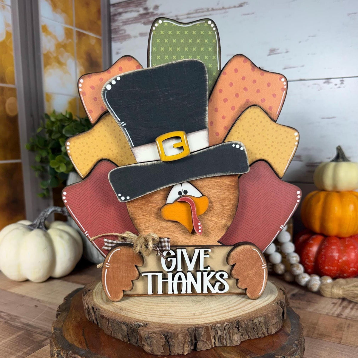 Handmade Wooden Thanksgiving Turkey With Give Thanks Sign