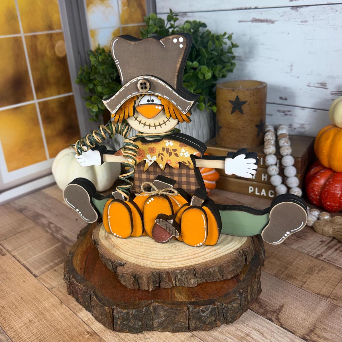 Wooden Scarecrow Shelf Sitter with Pumpkins and Acorn – Rustic Fall Decor