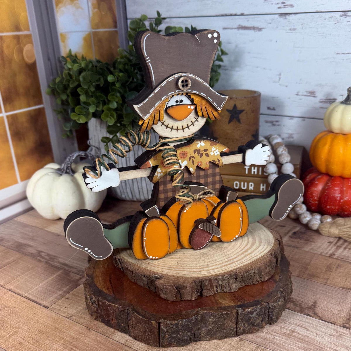Wooden Scarecrow Shelf Sitter with Pumpkins and Acorn – Rustic Fall Decor