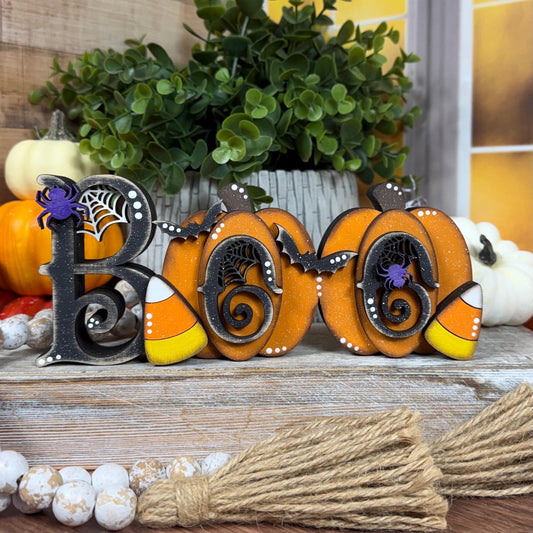 Whimsical Halloween Boo Chunky Shelf Decor with Pumpkins and Candy Corn - Farmhouse Chic Style