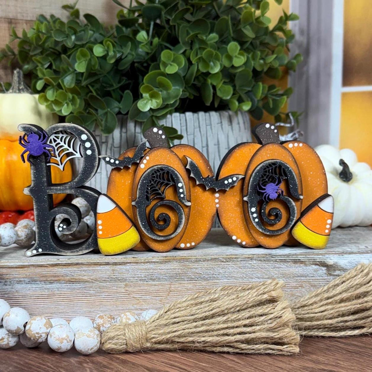 Whimsical Halloween Boo Chunky Shelf Decor with Pumpkins and Candy Corn - Farmhouse Chic Style