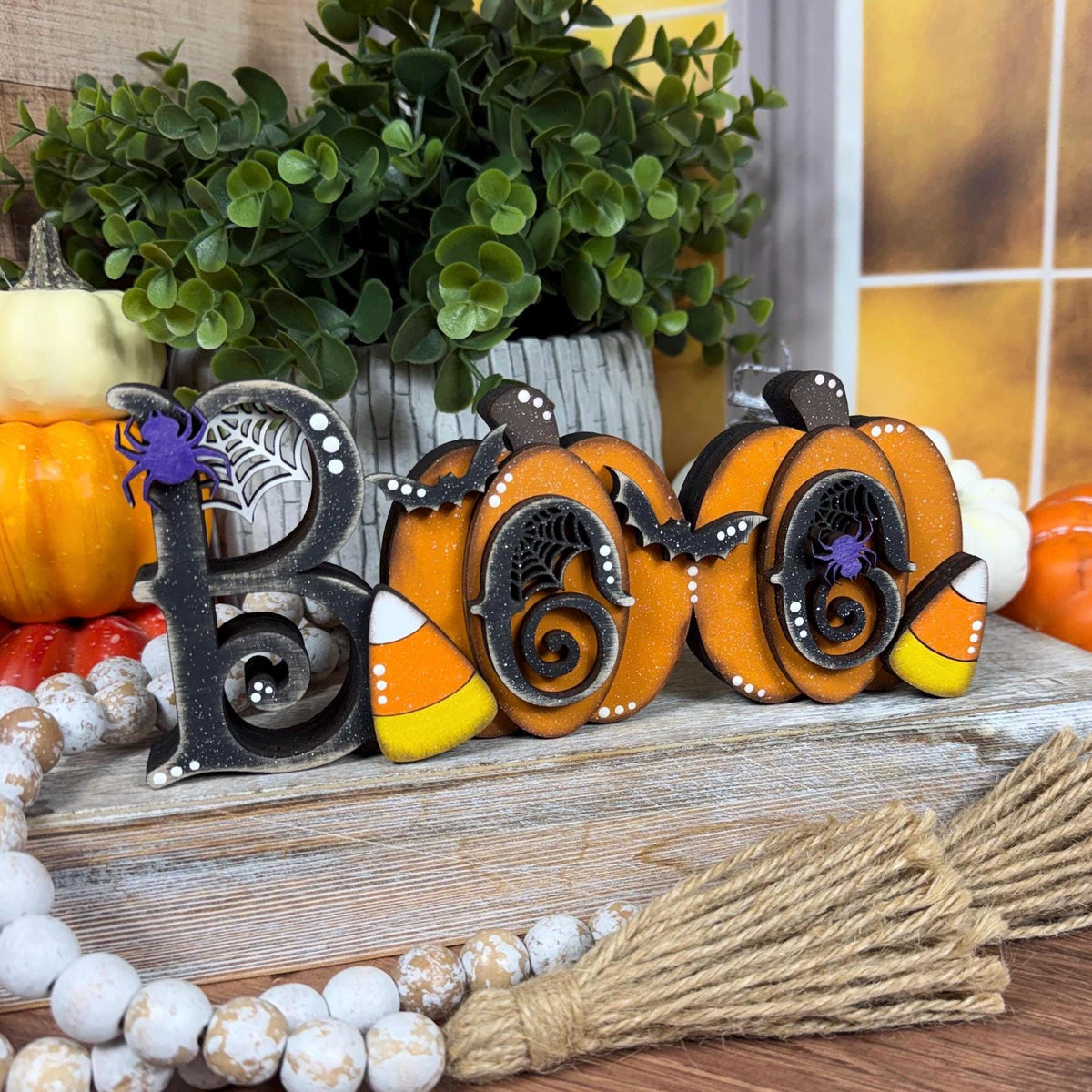 Whimsical Halloween Boo Chunky Shelf Decor with Pumpkins and Candy Corn - Farmhouse Chic Style