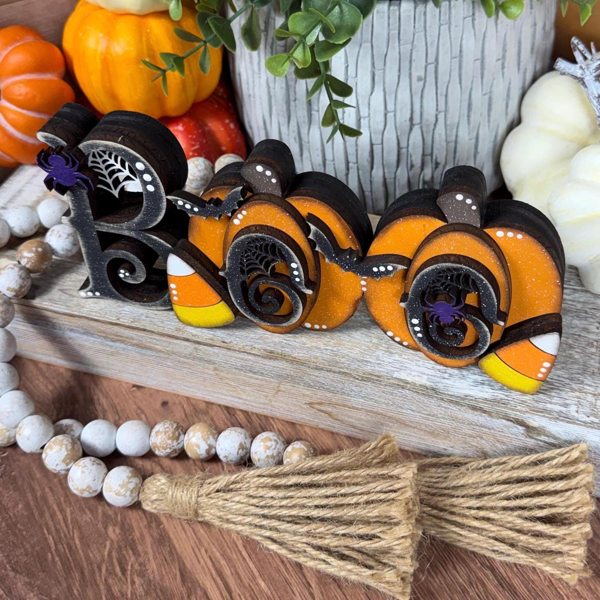 Whimsical Halloween Boo Chunky Shelf Decor with Pumpkins and Candy Corn - Farmhouse Chic Style