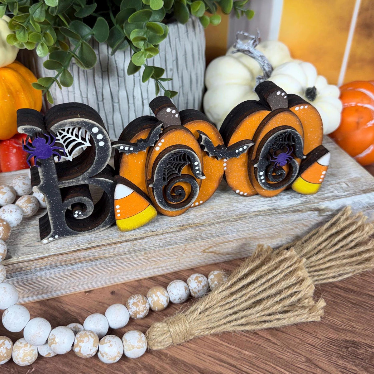Whimsical Halloween Boo Chunky Shelf Decor with Pumpkins and Candy Corn - Farmhouse Chic Style