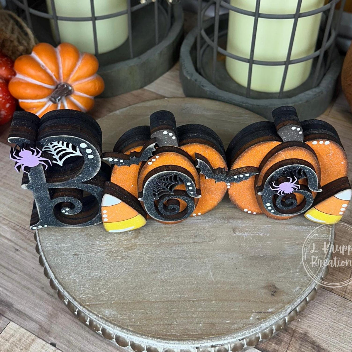 Whimsical Halloween Boo Chunky Shelf Decor with Pumpkins and Candy Corn - Farmhouse Chic Style