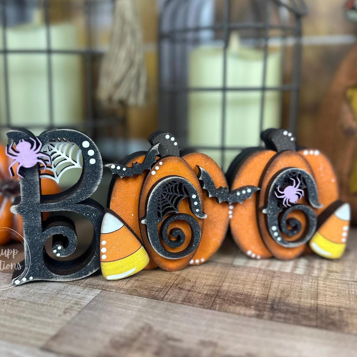 Whimsical Halloween Boo Chunky Shelf Decor with Pumpkins and Candy Corn - Farmhouse Chic Style