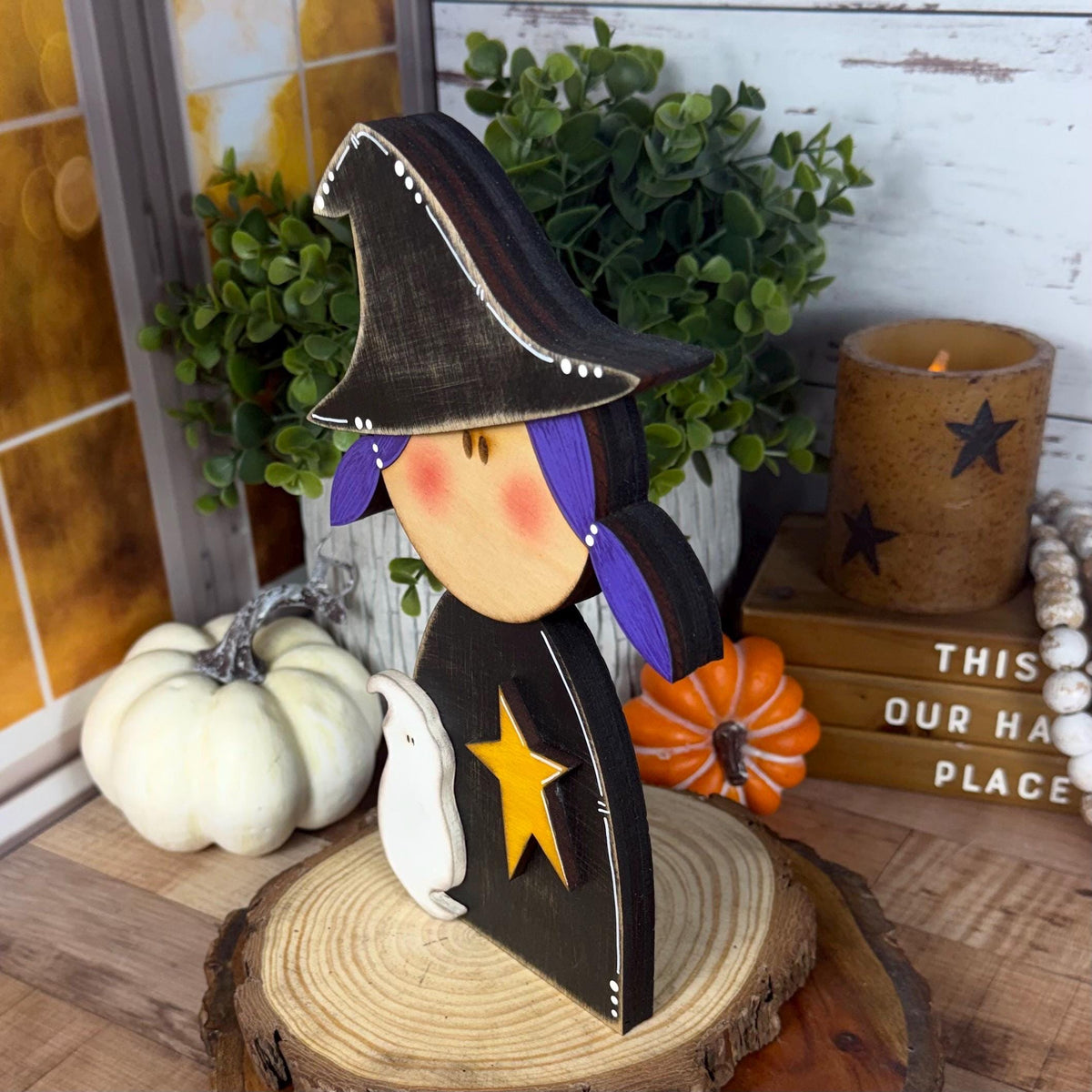 Not-So-Spooky Wood Witch Farmhouse Halloween Décor, Rustic Charm, Primitive Style