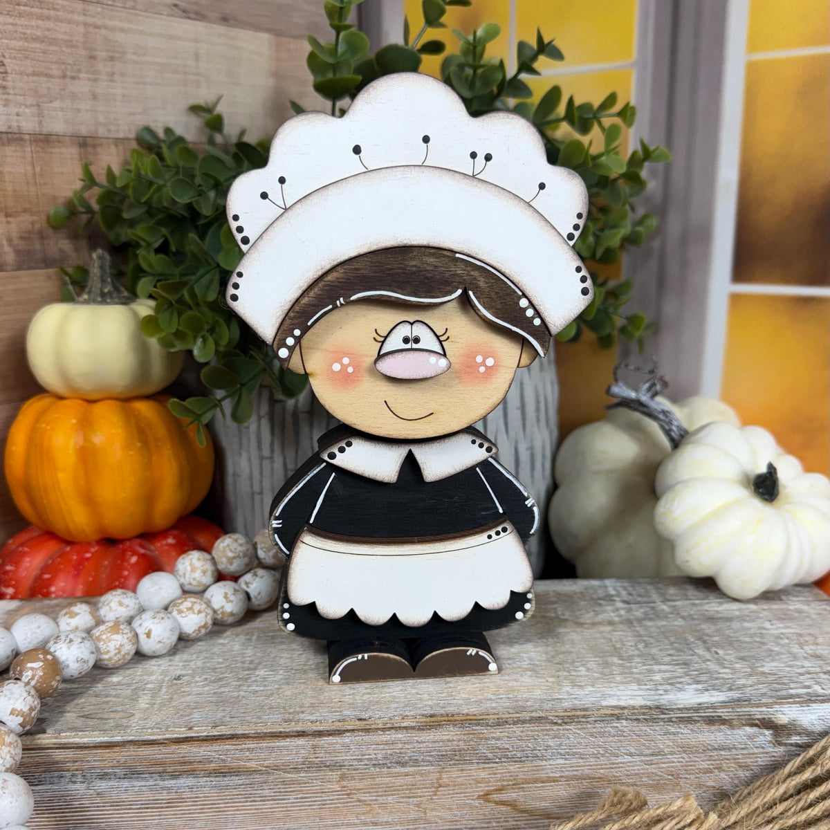 Wooden Pilgrim Couple Shelf Sitters, Rustic Fall Thanksgiving Decor