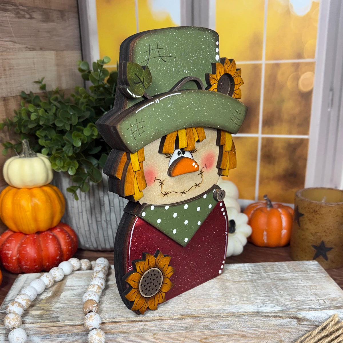 Charming Chunky Wooden Girl Scarecrow Shelf Sitter for Fall Farmhouse Vibes