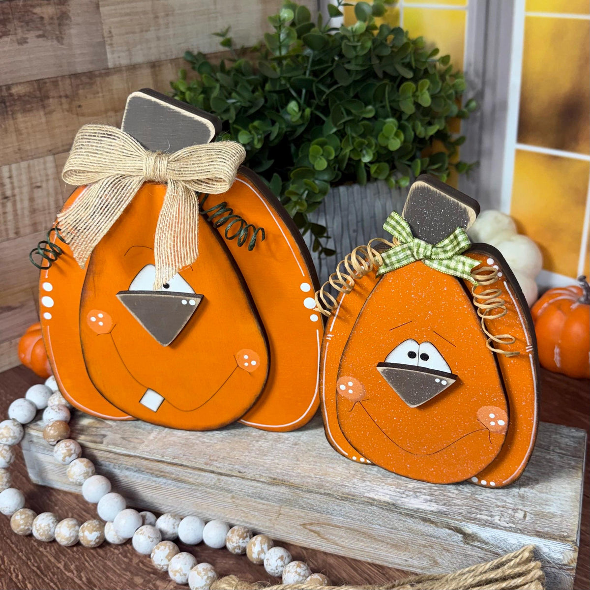 Hand-Painted Wooden Pumpkins with Faces – Rustic Fall Shelf Decor