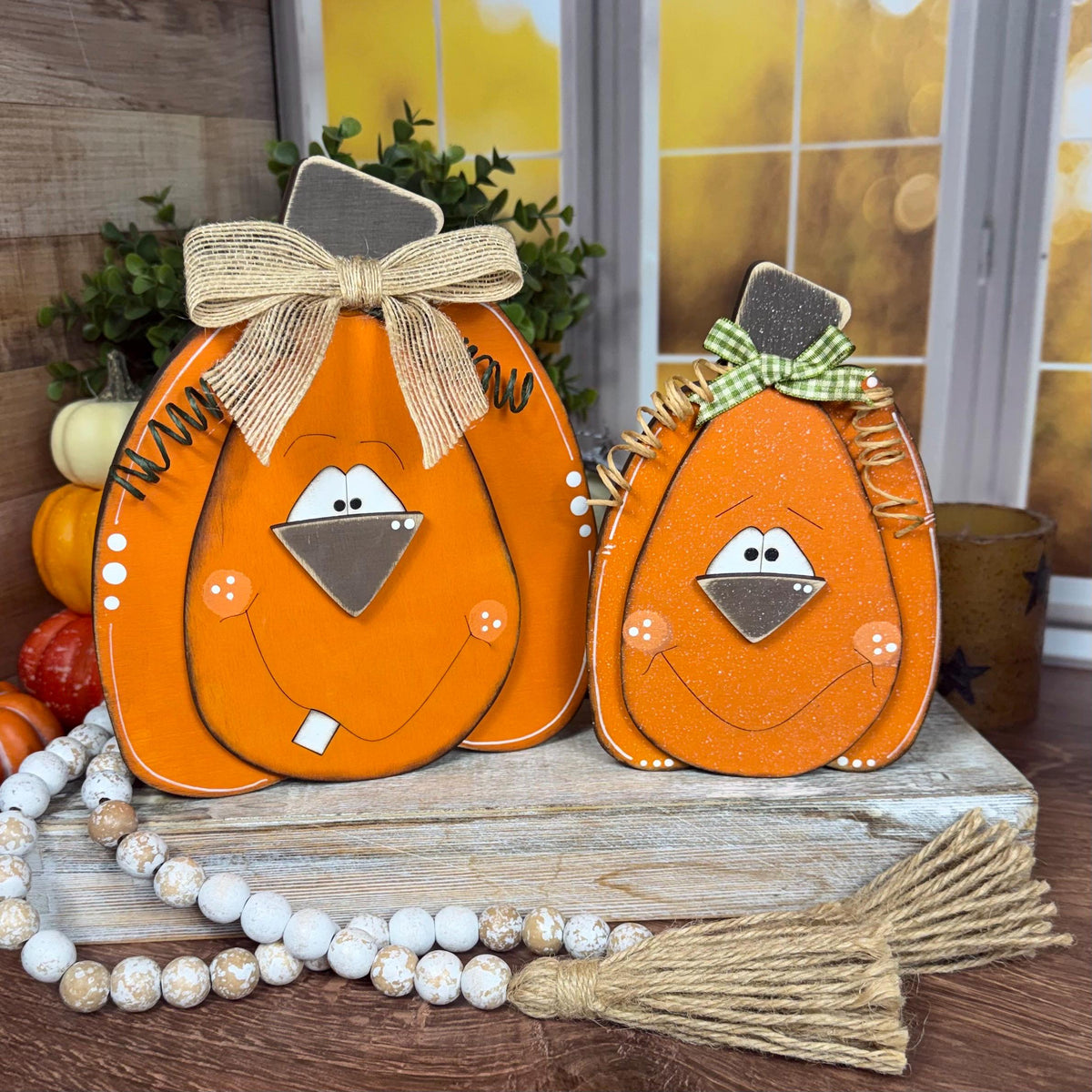 Hand-Painted Wooden Pumpkins with Faces – Rustic Fall Shelf Decor
