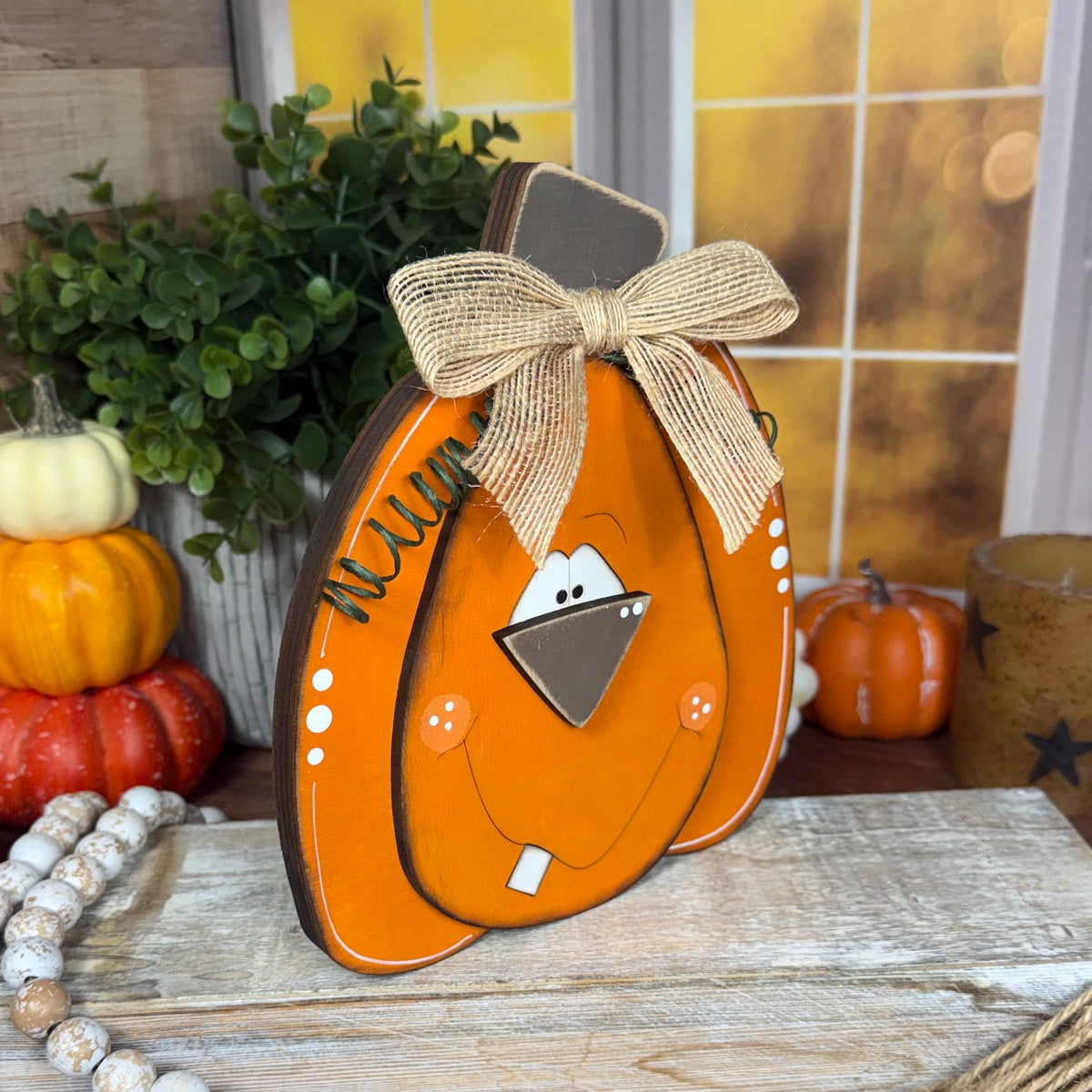 Hand-Painted Wooden Pumpkins with Faces – Rustic Fall Shelf Decor