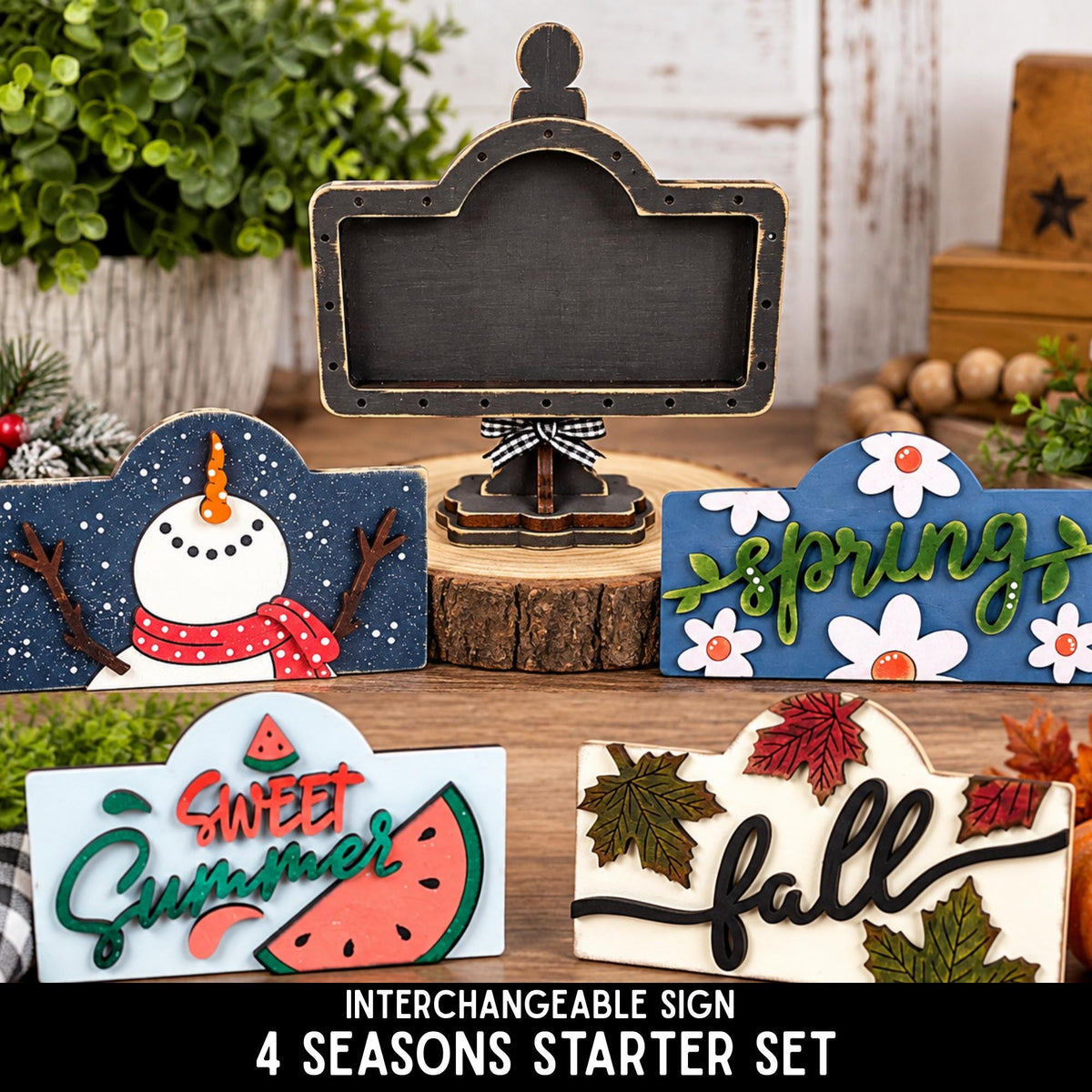 Interchangeable Seasonal Sign Starter Set, Wood Shelf Decor, Spring Summer Fall Winter Inserts, Tiered Tray Decor