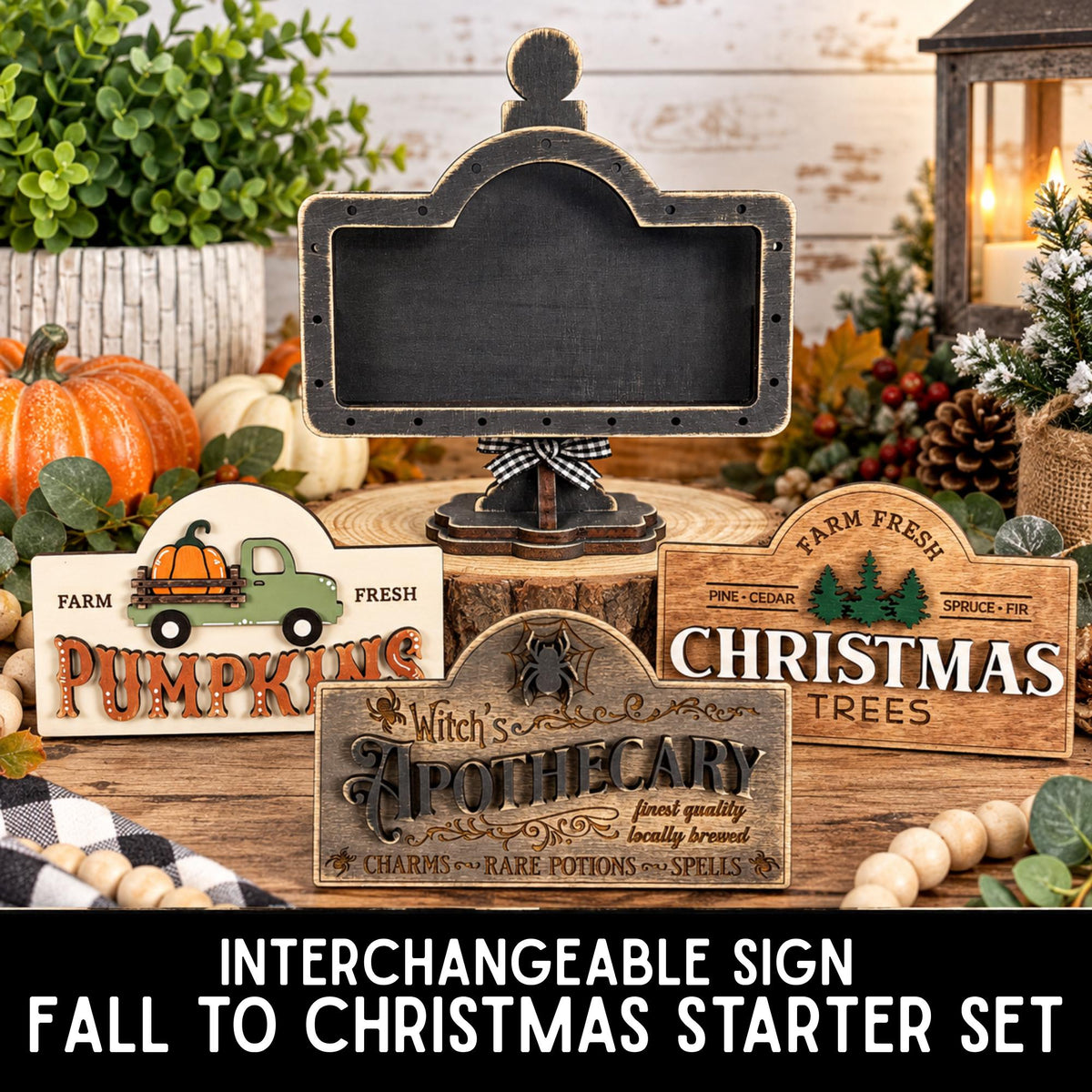 Interchangeable Fall to Christmas Sign Set, Halloween Pumpkin Holiday Inserts, Seasonal Wood Shelf Decor