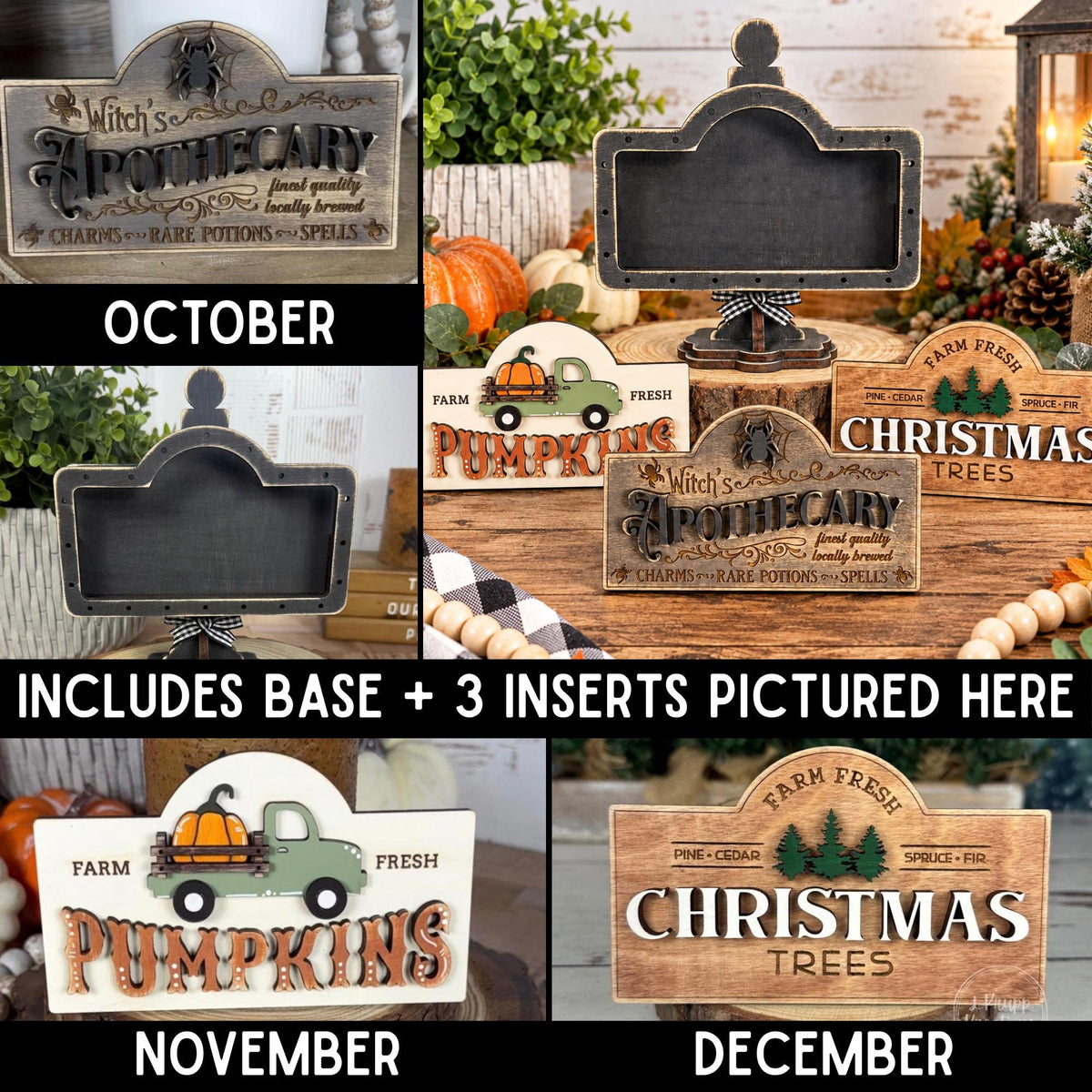 Interchangeable Fall to Christmas Sign Set, Halloween Pumpkin Holiday Inserts, Seasonal Wood Shelf Decor