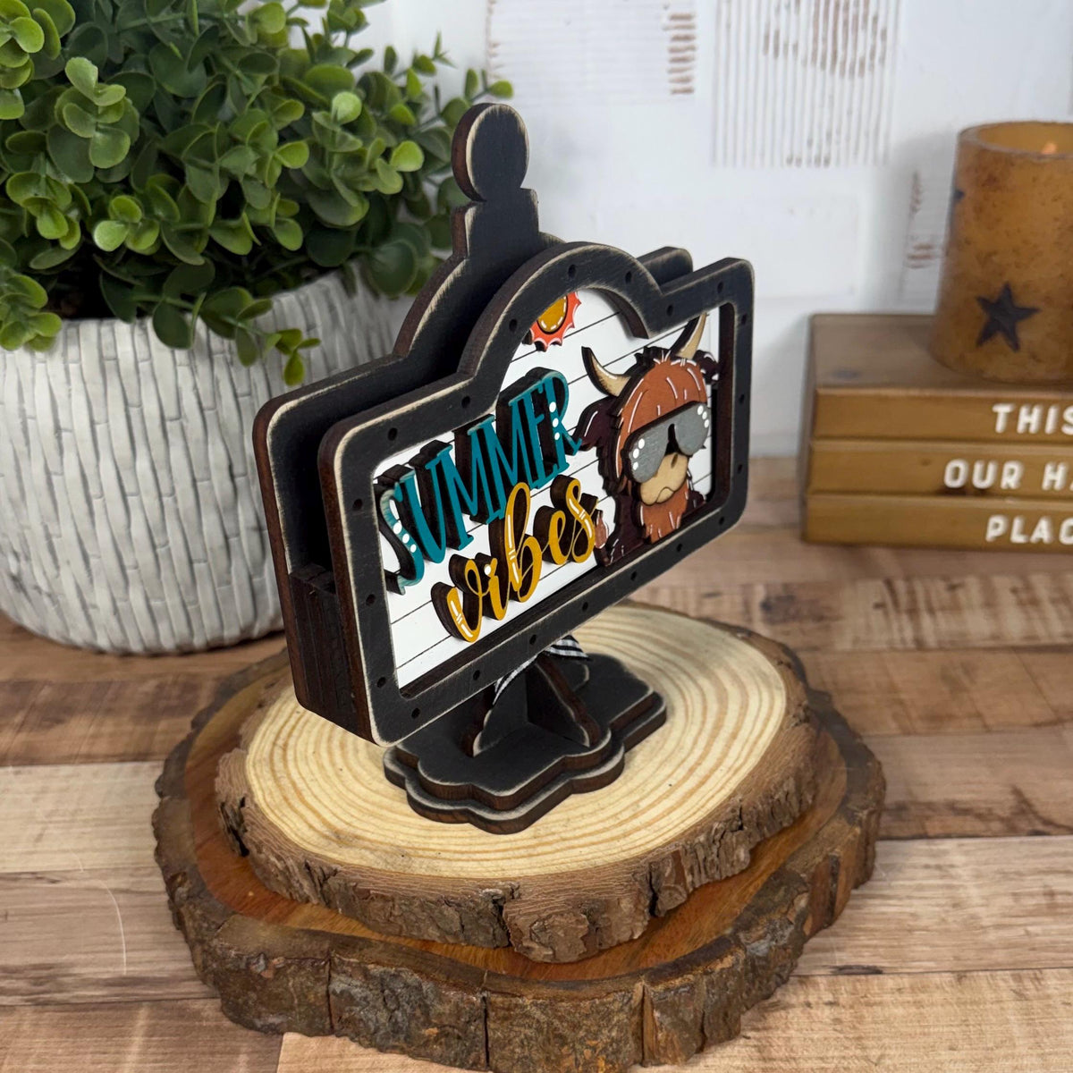 Summer Vibes Highland Cow Interchangeable Wooden Mini Sign