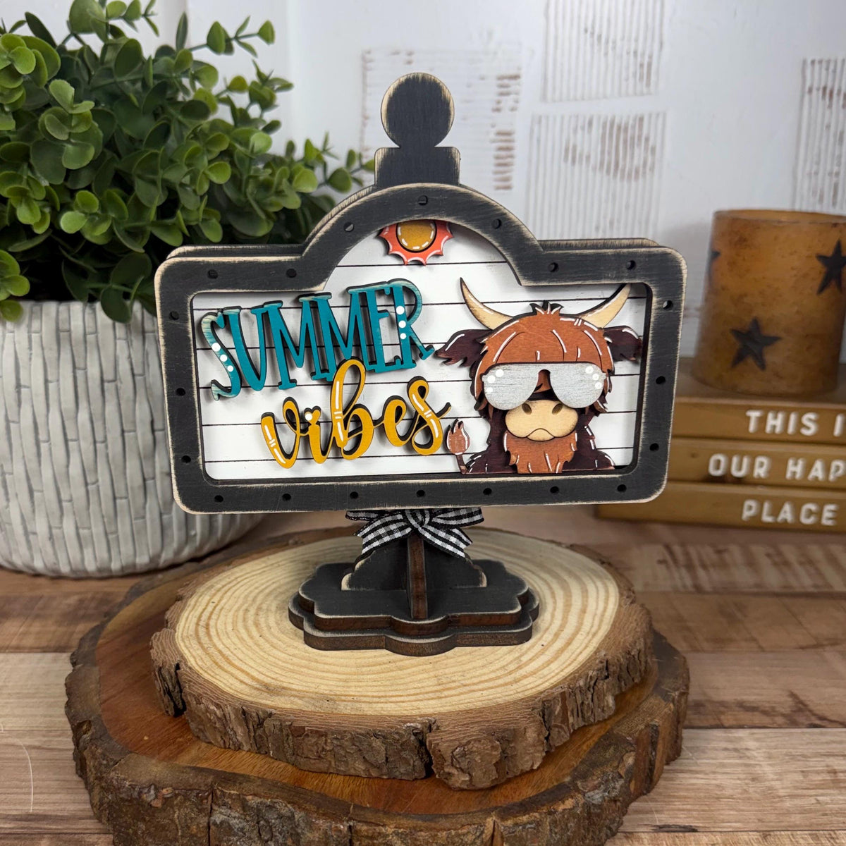 Summer Vibes Highland Cow Interchangeable Wooden Mini Sign