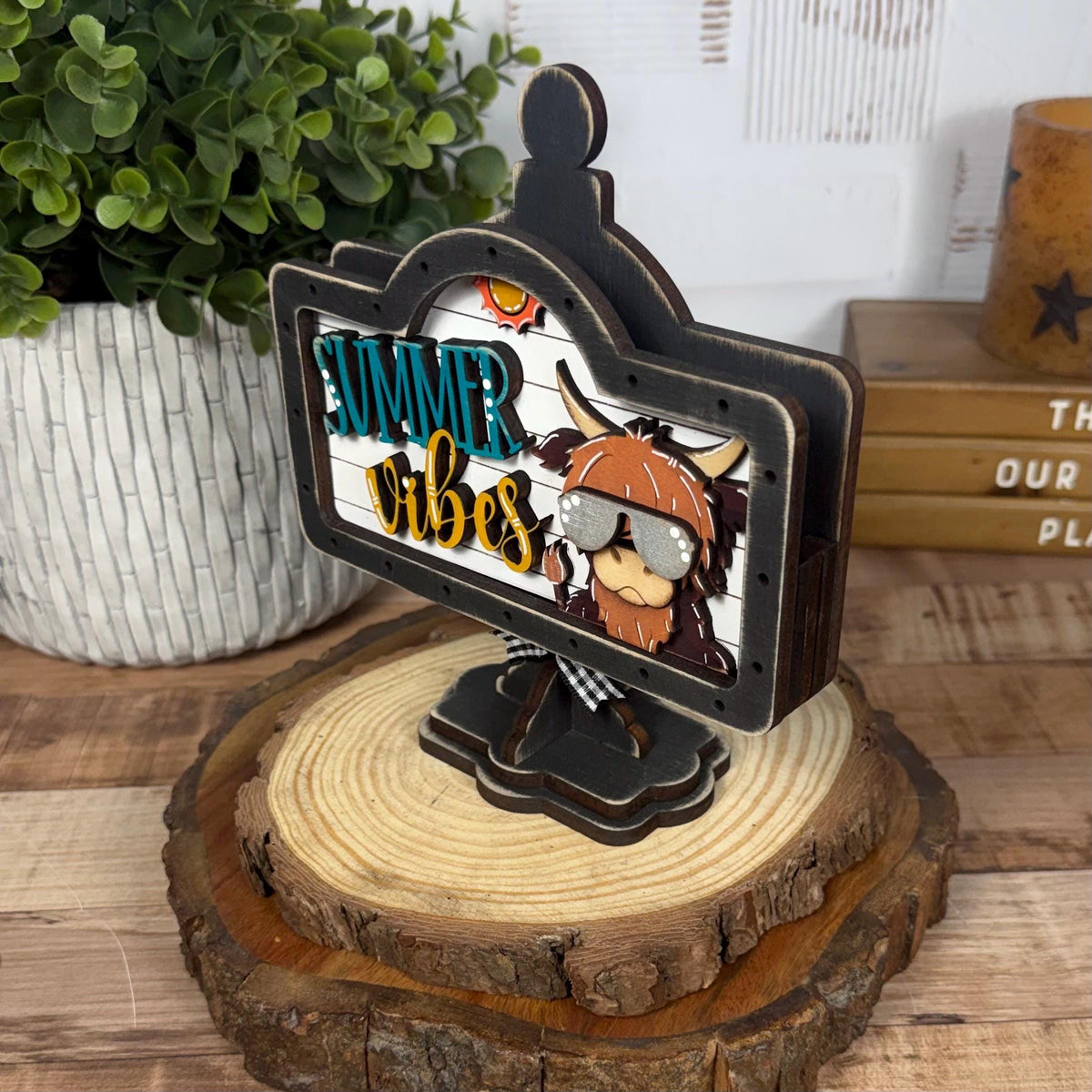 Summer Vibes Highland Cow Interchangeable Wooden Mini Sign