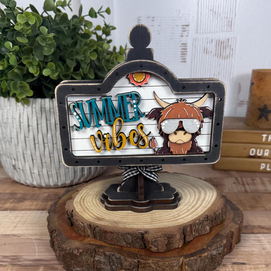 Summer Vibes Highland Cow Interchangeable Wooden Mini Sign